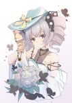  1girl absurdres bangs bare_shoulders black_butterfly blue_headwear bouquet bronya_zaychik bug butterfly cherry closed_mouth dress drill_hair fingernails flower food fruit grey_eyes grey_hair hair_between_eyes hat highres holding holding_bouquet holding_food honkai_(series) honkai_impact_3rd ice_cream looking_at_viewer qingye_ling smile solo twin_drills white_background white_dress white_flower 