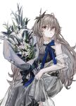  1girl absurdres black_dress bouquet breasts closed_mouth clothes_lift dress dress_lift eyebrows_visible_through_hair flower girls_frontline hair_ornament highres holding holding_bouquet holding_flower long_hair looking_at_viewer mole mole_under_eye nail_polish platinum_blonde_hair qiujiao red_eyes solo sp9_(girls&#039;_frontline) white_background white_dress 