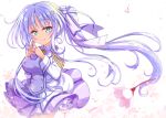  1girl aiguillette aqua_eyes bangs breasts cherry_blossoms collared_shirt cowboy_shot dress fingers_together flower hair_flower hair_intakes hair_ornament large_breasts layered_dress long_hair long_sleeves looking_at_viewer original shirt side_ponytail silver_hair smile solo white_background wind wind_lift yazuki_yume 