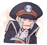  1boy black_coat black_headwear blush chiimako coat commentary_request gloves grey_eyes grey_hair hand_up hat high_collar ingo_(pokemon) long_sleeves male_focus open_clothes open_coat open_mouth pokemon pokemon_(game) pokemon_bw short_hair sideburns solo tongue upper_body 