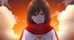  1girl brown_eyes brown_hair clouds dress hair_ornament hairclip harunai highres kagerou_days_(vocaloid) kagerou_project open_mouth red_ribbon red_scarf ribbon scarf smile solo sunset tateyama_ayano white_dress 