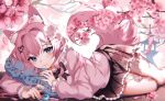  1girl animal_ears blue_eyes cherry_blossoms dress fox_ears fox_girl fox_tail frilled_dress frills kiyochii looking_at_viewer lying on_side original outdoors pillow pink_hair skirt smile solo tail tree 
