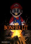  1boy bangs black_background black_hair blue_eyes blurry blurry_foreground bonfire brown_footwear commentary_request crossover dark_souls_(series) facial_hair fire gloves hat highres looking_at_viewer mario mustache nichigeckoh overalls red_headwear red_shirt shirt short_hair solo super_smash_bros. 