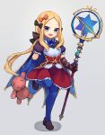  1girl abigail_williams_(fate) bangs blonde_hair blue_eyes blue_gloves blue_legwear blush breasts brown_dress cape cosplay dress elbow_gloves fate/grand_order fate_(series) forehead full_body gloves highres leonardo_da_vinci_(fate) leonardo_da_vinci_(rider)_(fate) leonardo_da_vinci_(rider)_(fate)_(cosplay) long_hair looking_at_viewer miya_(miyaruta) open_mouth pantyhose parted_bangs ponytail puff_and_slash_sleeves puffy_short_sleeves puffy_sleeves red_skirt short_sleeves skirt small_breasts smile staff stuffed_animal stuffed_toy teddy_bear 