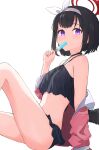  ace_kin bangs bare_legs bare_shoulders bikini black_bikini black_choker black_hair blue_archive blush bow breasts choker collarbone eyebrows_visible_through_hair feet_out_of_frame food food_in_mouth hair_bow halter_top halterneck hand_up highres holding holding_food ice_cream jacket long_sleeves looking_at_viewer mashiro_(blue_archive) navel off_shoulder open_clothes open_jacket pink_jacket popsicle short_hair simple_background sitting small_breasts smile solo stomach swimsuit violet_eyes white_background white_bow 