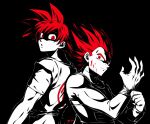  2boys black_background blood blood_on_face dragon_ball dragon_ball_super limited_palette looking_at_viewer male_focus multiple_boys parted_lips putting_on_gloves red_eyes redhead simple_background sm318 son_goku spiky_hair spot_color super_saiyan super_saiyan_god vegeta 