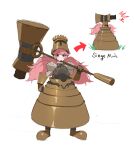  1girl armor arrow_(symbol) bangs blush cannon commentary_request copyright_request eyebrows_visible_through_hair full_body gauntlets grin hammer helm helmet highres holding holding_hammer jason_kim juliet_sleeves long_hair long_sleeves looking_at_viewer multiple_views pink_hair puffy_sleeves red_eyes simple_background smile teeth twintails white_background 
