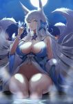  1girl absurdres animal_ear_fluff animal_ears azur_lane blue_butterfly blue_collar blue_dress breasts bug butterfly butterfly_on_finger collar dress evening_gown feather_boa fox_ears full_moon halter_dress halterneck highres huge_breasts kitsune kyuubi large_tail long_hair looking_at_viewer moon multiple_tails night official_alternate_costume onsen sankyo_(821-scoville) shinano_(azur_lane) shinano_(light_of_the_hazy_moon)_(azur_lane) sitting solo tail very_long_hair violet_eyes water white_tail wrist_flower 