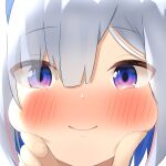  1girl absurdres amane_kanata blue_hair blush cheek_squash colored_inner_hair eyebrows_visible_through_hair eyes_visible_through_hair face hair_over_one_eye highres hololive looking_at_viewer multicolored_hair pemoyashi_(tianoblue) pov pov_hands silver_hair smile solo two-tone_hair violet_eyes virtual_youtuber 