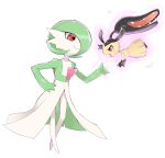  2girls angry arms_up bangs black_hair black_skin blunt_bangs bob_cut closed_mouth colored_skin commentary_request enden_(pixiv_57969220) extra_mouth eye_contact flat_chest floating from_side full_body gardevoir green_hair green_skin hair_over_one_eye hand_on_hip hand_up happy highres index_finger_raised long_hair looking_at_another mawile multicolored multicolored_skin multiple_girls open_mouth pokemon pokemon_(creature) purple_outline sharp_teeth shiny shiny_hair short_hair simple_background smile standing sweat teeth telekinesis two-tone_skin very_long_hair white_background white_skin yellow_skin 