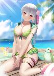  1girl arm_strap ball bangs beachball bikini bird blurry blurry_background blush bracelet braid braided_ponytail branch closed_mouth clouds collarbone cup earrings eyebrows_visible_through_hair fate/grand_order fate_(series) flower food frilled_bikini frills fruit hair_flower hair_ornament hands_together highres jewelry kama_(fate) kama_(swimsuit_avenger)_(fate) lemon lemon_slice long_hair looking_at_viewer midriff mishiro_(ixtlolton) nail_polish navel necklace needle ponytail sitting sky sleeveless smile solo swimsuit thigh_strap thighs wariza 
