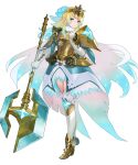  1girl ankle_boots armor armored_dress axe bangs battle_axe blonde_hair blue_eyes blue_hair boots breastplate cape dress earrings feather_trim fire_emblem fire_emblem_heroes fjorm_(fire_emblem) full_body fur_trim gloves gradient gradient_clothes gradient_hair highres holding holding_weapon jewelry maeshima_shigeki medium_hair multicolored_hair shoulder_armor solo thigh-highs tiara two-tone_hair weapon zettai_ryouiki 