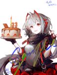  1girl absurdres ahoge arknights birthday_cake black_gloves black_jacket black_scarf black_skirt cake dated demon_horns fang fingerless_gloves food gloves grey_hair grey_shirt hand_up highres holding holding_cake holding_food horns jacket looking_at_viewer luan_teng open_clothes open_jacket open_mouth red_eyes red_nails scarf shirt short_hair simple_background skirt solo upper_body w_(arknights) white_background 