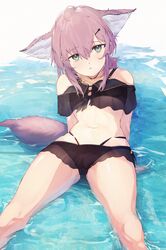  1girl :o absurdres ahoge animal_ears arknights bikini black_bikini blue_eyes brown_hair commentary_request fox_ears fox_girl fox_tail hair_ornament hairclip highres in_water looking_at_viewer lying midu5 navel official_alternate_costume oripathy_lesion_(arknights) parted_lips reclining short_hair solo stomach sussurro_(arknights) sussurro_(summer_flowers)_(arknights) swimsuit tail 