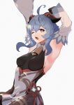  ;o absurdres ahoge arm_over_head armpits arms_up bangs bell blue_hair breasts chinese_knot curled_horns detached_sleeves ganyu_(genshin_impact) genshin_impact gold_trim highres horns looking_at_viewer medium_breasts neck_bell one_eye_closed sansai_soba sidelocks sleepy solo stretch tassel tears thighlet violet_eyes vision_(genshin_impact) waking_up white_background white_sleeves yawning 