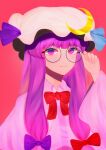  1girl closed_mouth crescent crescent_hat_ornament glasses hat hat_ornament highres long_hair mob_cap patchouli_knowledge pink_background pink_headwear purple_hair solo touhou yuhel 