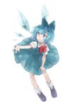  1girl :o black_footwear blue_bow blue_dress blue_eyes blue_hair bow bowtie cirno dress full_body hair_bow ice ice_wings looking_to_the_side mary_janes puffy_short_sleeves puffy_sleeves red_bow shirt shoes short_hair short_sleeves simple_background socks solo suehachi_(hikage) touhou white_background white_legwear white_shirt wings 