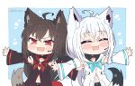  2girls ahoge animal_ears bangs black_hair black_shorts braid chibi closed_eyes collarbone detached_sleeves fox_ears fox_girl fox_tail hololive kukie-nyan kurokami_fubuki midriff multiple_girls navel neckerchief open_mouth red_eyes shirakami_fubuki shorts tail twitter_username virtual_youtuber white_hair 