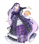  1girl bangs black_footwear breasts dress eyebrows_visible_through_hair fire_emblem fire_emblem:_the_binding_blade fire_emblem_heroes floating floating_object frills full_body high_heels highres jewelry long_dress long_hair long_sleeves looking_away medium_breasts necklace official_art open_mouth puffy_sleeves purple_hair see-through solo sophia_(fire_emblem) spider_hair_ornament stuffed_toy transparent_background urata_asao veil violet_eyes wrist_cuffs 