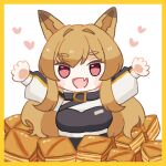  1girl :d animal_ears arknights bangs belt border brown_hair ceobe_(arknights) dog_ears dog_girl eyebrows_visible_through_hair eyelashes fang food hair_between_eyes hands_up happy heart long_hair long_sleeves open_mouth skin_fang smile solo someyaya thick_eyebrows upper_body white_background yellow_border 