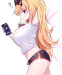  1girl ? arm_up armpits arms_behind_back bangs black_headwear black_shorts blonde_hair bow breasts cellphone closed_mouth crescent crescent_print drink drinking earrings eyebrows_visible_through_hair gradient gradient_hair hair_between_eyes hands_up hat highres jewelry junko_(touhou) large_breasts long_hair multicolored_hair orange_hair phoenix_crown phone pom_pom_(clothes) red_bow red_eyes red_nails shirt short_shorts shorts simple_background sleeveless smartphone solo sseopik t-shirt thighs touhou walking white_background white_shirt 