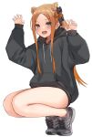  1girl :d abigail_williams_(fate) absurdres arm_up bangs black_bow black_hoodie blue_eyes blush bow brown_bow brown_hair claw_pose drawstring eyebrows_visible_through_hair fate/grand_order fate_(series) forehead full_body grey_footwear hair_bow hair_cones hand_up highres hood hood_down hoodie kopaka_(karda_nui) long_hair long_sleeves open_mouth parted_bangs puffy_long_sleeves puffy_sleeves shoes simple_background sleeves_past_wrists smile solo squatting very_long_hair white_background 