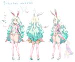  1girl absurdres animal_ears blush breasts carrot_hair_ornament concept_art covered_navel fake_animal_ears food-themed_hair_ornament full_body green_eyes green_hair groin hair_ornament hairclip high_heels highleg highleg_leotard highres legs leotard long_hair makenai-chan messy_hair multiple_views original outstretched_arm pink_skirt rabbit_ears sharekoube shoes showgirl_skirt simple_background skirt small_breasts solo thigh_strap thighs turnaround very_long_hair white_background white_footwear white_leotard wrist_cuffs 