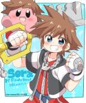 1boy 1other blue_eyes blush blush_stickers brown_hair copy_ability crossover eromame gloves hat keyblade kingdom_hearts kingdom_hearts_i kirby kirby_(series) looking_at_viewer male_focus open_mouth short_hair simple_background smile sora_(kingdom_hearts) spiky_hair super_smash_bros. weapon