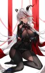  1girl :d aegir_(azur_lane) azur_lane bangs bare_shoulders black_gloves black_legwear black_skirt bodystocking breast_curtains breasts corset covered_navel earrings elbow_gloves eyebrows_visible_through_hair gloves hair_between_eyes hand_on_own_face high-waist_skirt highres horns hwansang_jungdog impossible_clothes iron_cross jewelry large_breasts long_hair looking_at_viewer miniskirt multicolored_hair no_shoes open_mouth redhead silver_hair single_earring sitting skirt smile solo streaked_hair thigh-highs twitter_username two-tone_hair upskirt very_long_hair yellow_eyes yokozuwari 