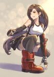  1girl arm_guards black_hair brown_eyes crop_top earrings elbow_gloves final_fantasy final_fantasy_vii final_fantasy_vii_remake fingerless_gloves gloves highres hiro_ohtaki jewelry long_hair low-tied_long_hair red_footwear shorts shorts_under_skirt smile solo squatting suspenders tank_top tifa_lockhart 