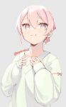  1girl artist_name blush closed_mouth collarbone commentary grey_background hands_up long_sleeves original pink_eyes pink_hair skeptycally sleeves_past_wrists smile solo sweater upper_body white_sweater 