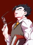  1boy black_eyes black_hair book dragon_ball grey_vest holding holding_book holding_eyewear long_sleeves male_focus necktie open_mouth red_background shirt simple_background sm318 solo son_gohan sweatdrop vest white_shirt wing_collar 