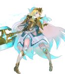  1girl ankle_boots armor armored_dress axe bangs battle_axe blonde_hair blue_eyes blue_hair boots breastplate cape dress earrings feather_trim fire_emblem fire_emblem_heroes fjorm_(fire_emblem) full_body fur_trim gloves gradient gradient_clothes gradient_hair highres holding holding_weapon jewelry maeshima_shigeki medium_hair multicolored_hair official_art shoulder_armor solo thigh-highs tiara two-tone_hair weapon zettai_ryouiki 