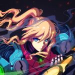  1girl arm_cannon armor bangs blonde_hair blue_eyes highres ioruko long_hair looking_at_viewer metroid metroid_dread mole mole_under_mouth ponytail power_armor samus_aran science_fiction simple_background solo upper_body varia_suit weapon 