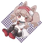  1girl angelina_(arknights) animal_ears argyle argyle_background arknights between_legs black_gloves boots brown_hair chibi choker closed_mouth eyebrows_visible_through_hair floating fox_ears fox_girl full_body gloves hair_between_eyes hairband hand_between_legs jacket kneehighs long_sleeves lying on_back red_eyes short_twintails shorts simple_background sitting smile solo someyaya striped striped_legwear striped_shorts twintails white_background white_jacket 
