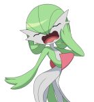  1girl anime_coloring arched_back bangs bob_cut closed_eyes colored_skin commentary cowboy_shot flat_chest gardevoir green_hair green_skin hair_between_eyes hand_on_own_cheek hand_on_own_face hand_up legs_apart lotosu multicolored multicolored_skin open_mouth pokemon pokemon_(creature) shiny shiny_hair short_hair simple_background solo standing two-tone_skin wavy_eyes wavy_mouth white_background white_skin yawning 