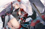  1girl absurdres azur_lane black_gloves black_panties breasts cherry_blossoms closed_mouth eyebrows_visible_through_hair garter_straps gloves hair_ornament hand_on_head highres long_hair looking_at_viewer medium_breasts multicolored_hair panties pantyshot prinz_eugen_(azur_lane) red_eyes sideboob silver_hair simple_background sitting solo soranagi_(una123) thighs underwear 