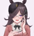 1girl animal_ears bespectacled black_headwear black_ribbon blush brown_hair collared_shirt eighth_note glasses hair_over_one_eye hair_ribbon hand_on_own_chest hat highres horse_ears long_hair long_sleeves looking_at_viewer musical_note neck_ribbon open_mouth red_shirt ribbon rice_shower_(umamusume) round_eyewear shirt simple_background solo taishi_karibe umamusume upper_body violet_eyes 