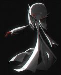  1girl arm_up backlighting bangs black_background blood blood_on_hands chromatic_aberration commentary constricted_pupils flat_chest gardevoir glowing glowing_eyes greyscale hair_between_eyes horror_(theme) long_hair lotosu monochrome outstretched_arm pokemon pokemon_(creature) red_eyes shiny shiny_hair simple_background solo spot_color standing 