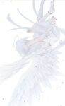  1girl ahoge anklet back bare_shoulders barefoot bracelet dress floating highres jewelry original solo straight_hair tsuki_mitsu white_dress white_theme white_wings wings 