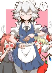  3girls :o ? ascot bangs black_ribbon black_skirt black_vest blonde_hair blue_skirt blue_vest blush bra braid closed_eyes closed_mouth commentary cup demon_wings dress_shirt eyebrows_visible_through_hair facing_viewer flandre_scarlet grey_legwear hair_ribbon hairband hat head_wings holding holding_cup holding_teapot izayoi_sakuya koakuma long_hair maid maid_headdress miniskirt mob_cap motion_lines multiple_girls necktie panties pantyhose pouring puffy_short_sleeves puffy_sleeves purple_bra purple_panties red_eyes red_hairband red_sky red_vest ribbon shirt short_hair short_sleeves skirt skirt_set sky smile spoken_question_mark standing steam teapot touhou translated twin_braids underwear vest white_hairband white_headwear white_shirt wing_collar wings yunomi zannen_na_hito 