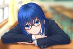  1girl bangs black-framed_eyewear black_jacket blue_eyes blue_hair blurry blurry_background blush bow bowtie buttons ciel_(tsukihime) closed_mouth collared_shirt commentary_request desk eyebrows_visible_through_hair glasses green_bow green_neckwear hair_between_eyes hozumiya_(hozumi8) indoors jacket lips long_sleeves looking_at_viewer open_clothes open_jacket pink_lips school_uniform shirt short_hair sidelocks smile solo tsukihime tsukihime_(remake) uniform white_shirt window 