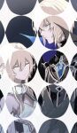  1boy 1girl bangs black_jacket blonde_hair blue_eyes closed_mouth dainsleif_(genshin_impact) detached_sleeves dress genshin_impact hair_between_eyes high_collar highres jacket looking_at_viewer lumine_(genshin_impact) parted_lips short_hair_with_long_locks simple_background u_5ham0 upper_body white_dress yellow_eyes 