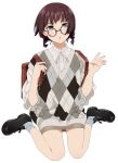  1girl :o argyle bag blue_eyes braid brown_hair glasses mattaku_mousuke miniskirt nail_polish original round_eyewear school_bag short_hair sitting skirt solo sweater_vest twin_braids wariza watermark white_background 