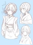 1girl absurdres bangs blue_background hair_between_eyes highres idolmaster idolmaster_shiny_colors inui/byte japanese_clothes kimono looking_at_viewer monochrome morino_rinze multiple_views short_hair simple_background sketch solo