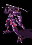  absurdres black_background glowing glowing_eye heyzan highres holding holding_sword holding_weapon mecha muvluv muvluv_alternative muvluv_alternative_(anime) no_humans open_hand red_eyes science_fiction solo standing sword tactical_surface_fighter takemikazuchi_(muvluv) weapon 