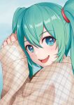  1girl absurdres aqua_eyes aqua_hair bangs blue_background blush checkered checkered_shirt commentary_request eyebrows_visible_through_hair from_side gradient gradient_background hair_between_eyes hair_ornament hatsune_miku highres long_hair long_sleeves looking_at_viewer nekoinu_bamboo open_mouth pajamas shirt sleeves_past_wrists smile solo teeth twintails upper_body upper_teeth vocaloid 