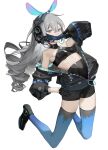  1girl absurdres animal_ears arm_up armpits bare_shoulders bike_shorts black_footwear black_gloves black_jacket blue_legwear breasts bronya_zaychik covered_navel covering_mouth drill_hair fake_animal_ears gloves grey_eyes grey_hair hand_on_hip headphones highres honkai_(series) honkai_impact_3rd jacket kuo_(kuo114514) long_hair long_sleeves looking_at_viewer midriff open_clothes open_jacket shoes simple_background small_breasts solo thigh-highs twin_drills white_background 