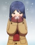  1girl black_hair blush breath brown_eyes coat covered_mouth gradient gradient_background hands_over_mouth kantai_collection mimofu_(fullhighkick) mittens red_scarf scarf snowing solo upper_body ushio_(kancolle) winter_clothes winter_coat 