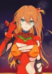  1girl bodysuit breasts fadingz green_eyes highres interface_headset long_hair neon_genesis_evangelion orange_bodysuit orange_hair pilot_suit plugsuit rebuild_of_evangelion red_bodysuit small_breasts solo souryuu_asuka_langley torn_bodysuit torn_clothes upper_body 